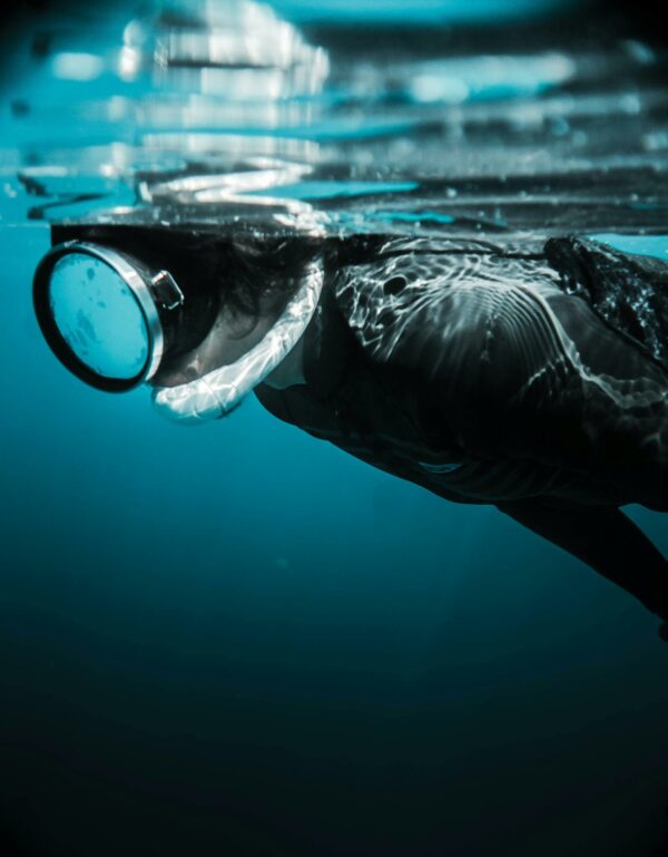 Anonymous person in diving mask swimming underwater in daytime