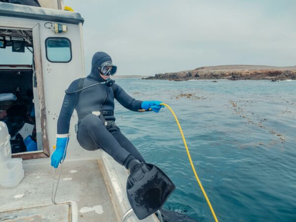 Person in Scuba Diving Gear Sitting on a Boat Holding a Yellow Hose