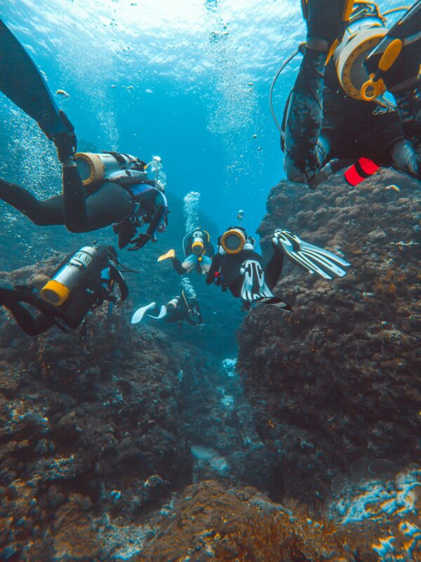 Underwater Photograph of Divers with Equipment and Rocks